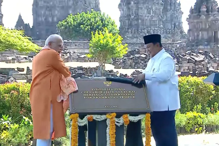 Prime Minister Narendra Modi and Indonesian President Prabowo Subianto jointly inaugurate the UNESCO World Heritage Prambanan Temple restoration project in Yogyakarta, Indonesia.