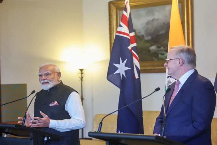 Prime Minister Narendra Modi addresses a joint press conference alongside Australian Prime Minister Anthony Albanese.