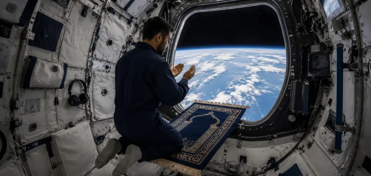 AI-generated image of a Muslim praying in his spacecraft