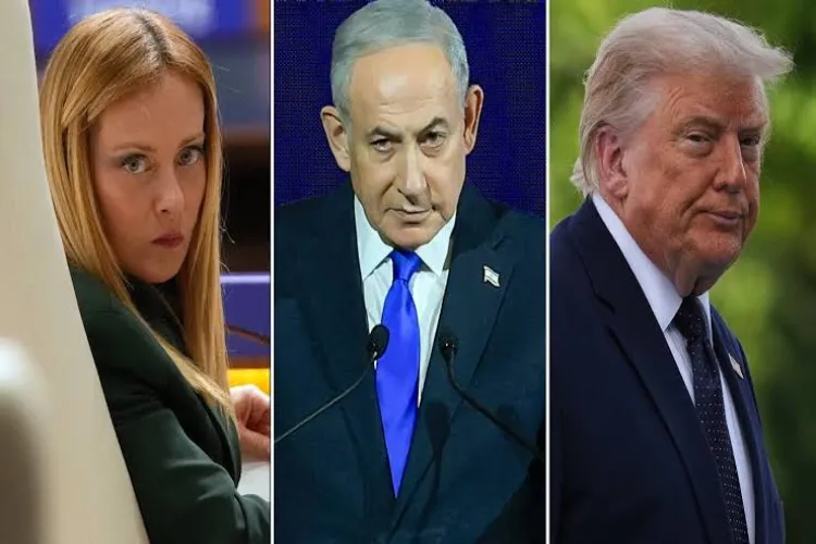  US President Donald Trump, Israeli Prime Minister Benjamin Netanyahu and Italian Prime Minister Meloni