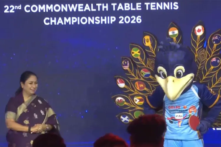 Delhi CM Rekha Gupta with Commonwealth Table Tennis Championship 2026 mascot 'Mayur'.