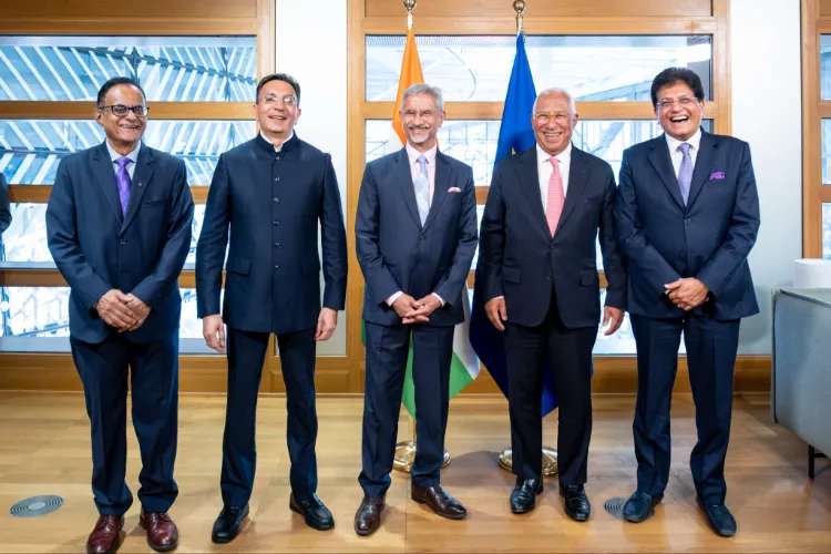 External Affairs Minister S Jaishankar with European Council President Antonio Costa, Alongside Union Minister Piyush Goyal , MoS MEITY  Jitin Prasada and Principle Scientific Advisor Prof Ajay K Sood.