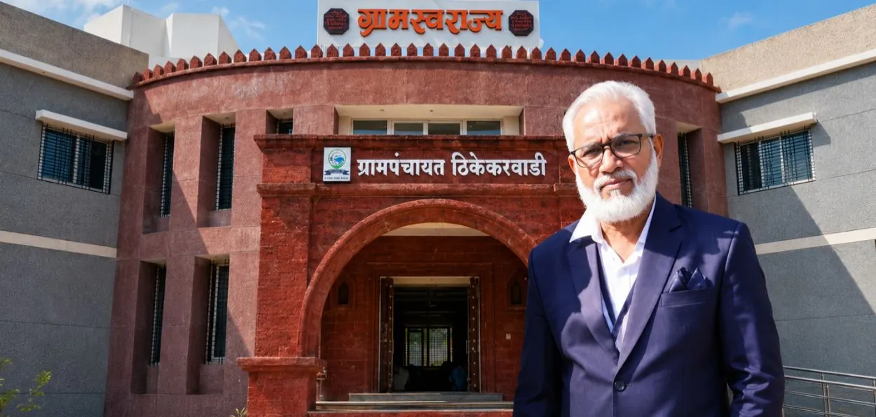 Aslam Shaikh in front of the Gram Panchayat office in Thikekarwadi 