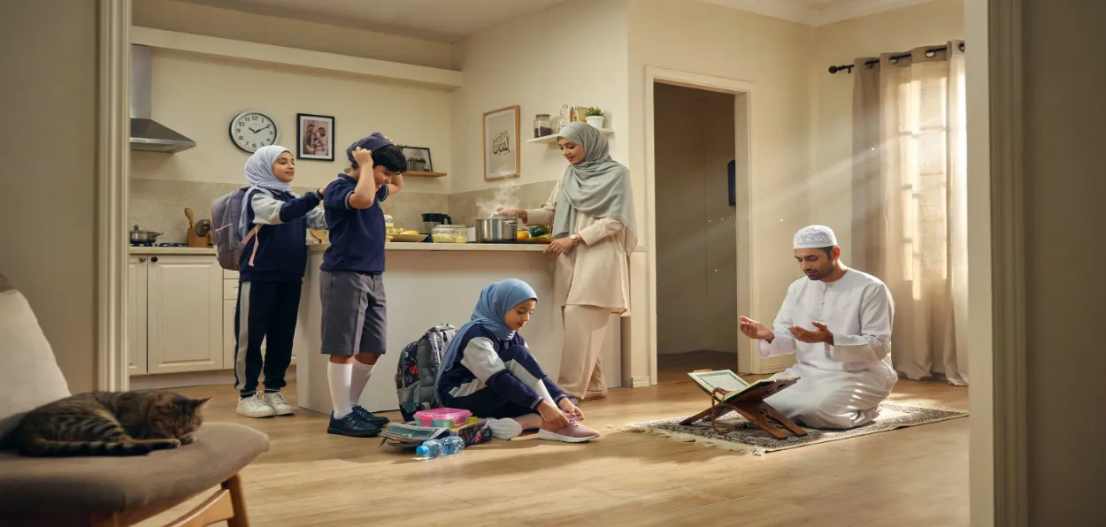 AI generated image of a Muslim family busy in morning routine