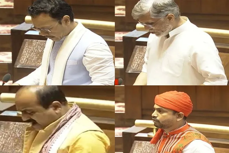 Newly elected members of the Rajya Sabha from various political parties taking their oaths on the first day of the Monsoon Session of Parliament