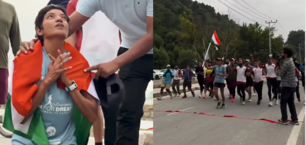 Stills grabbed from videos. (Left) Sufi Sufiyan after reaching Srinagar(Right) At the finishing line