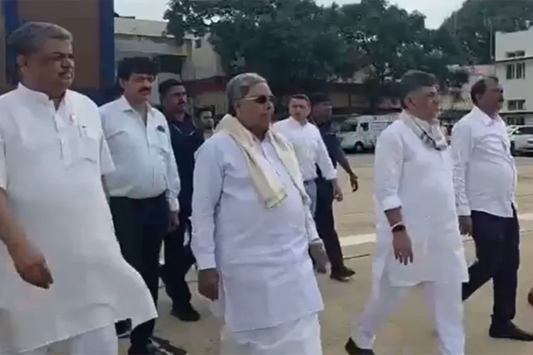 Karnataka Chief Minister DK Shivakumar, former CM Siddaramaiah, and KPCC president BK Hariprasad