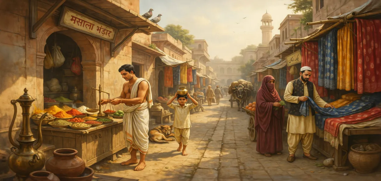 AI-generated image of an Indian market of the nineteenth century where Hindus and Muslims are see