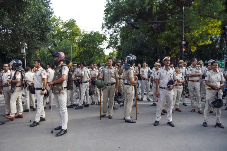 Delhi Police personnel at the site of Students' protests in Delhi