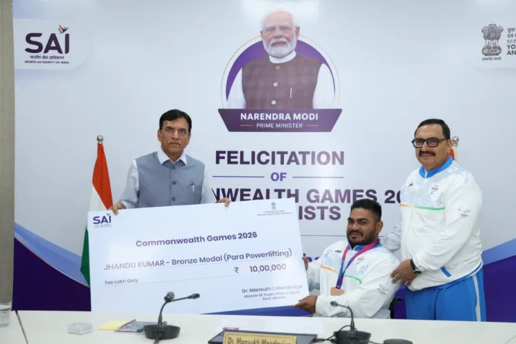 Sports Minister Mansukh Mandaviy felicitated para-powerlifter Jhandu Kumar with a cash prize of Rs 10 lakh for his bronze-winning performance that opened India's account in the Commonwealth Games in Glasgow.