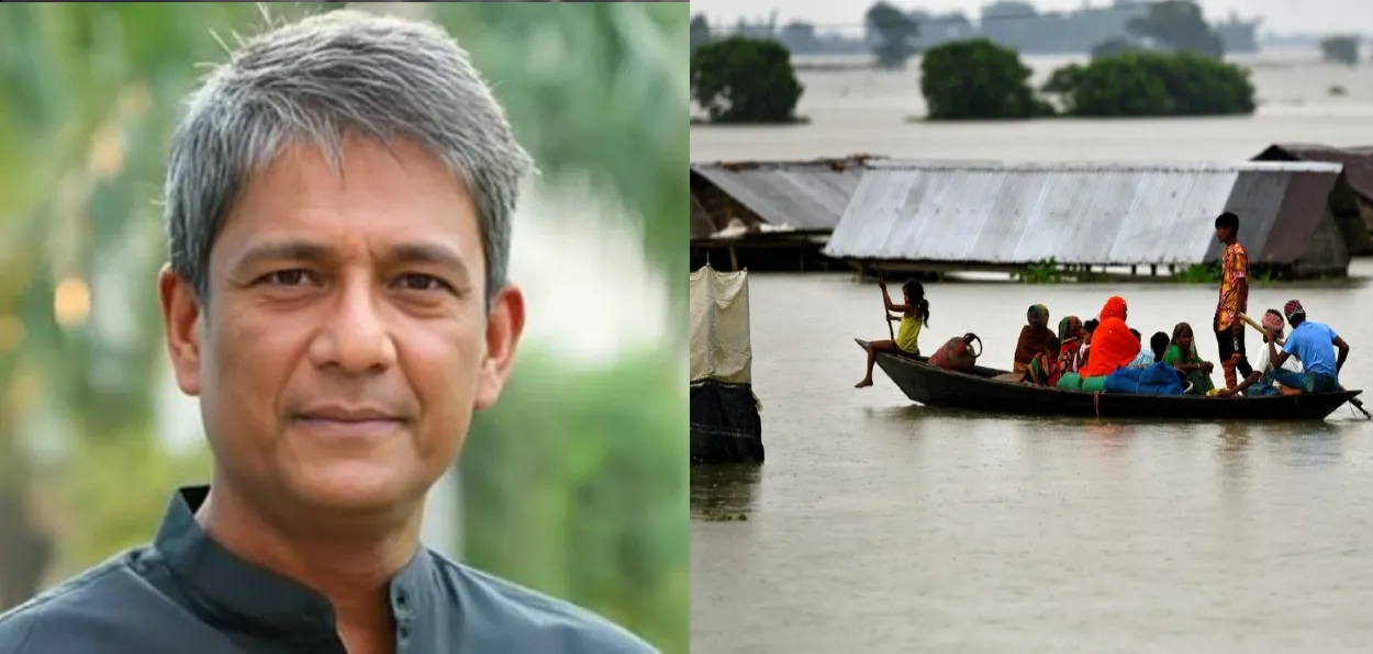 Hollywood actor Adil Hussain (Left) and Flood hit area in Assam