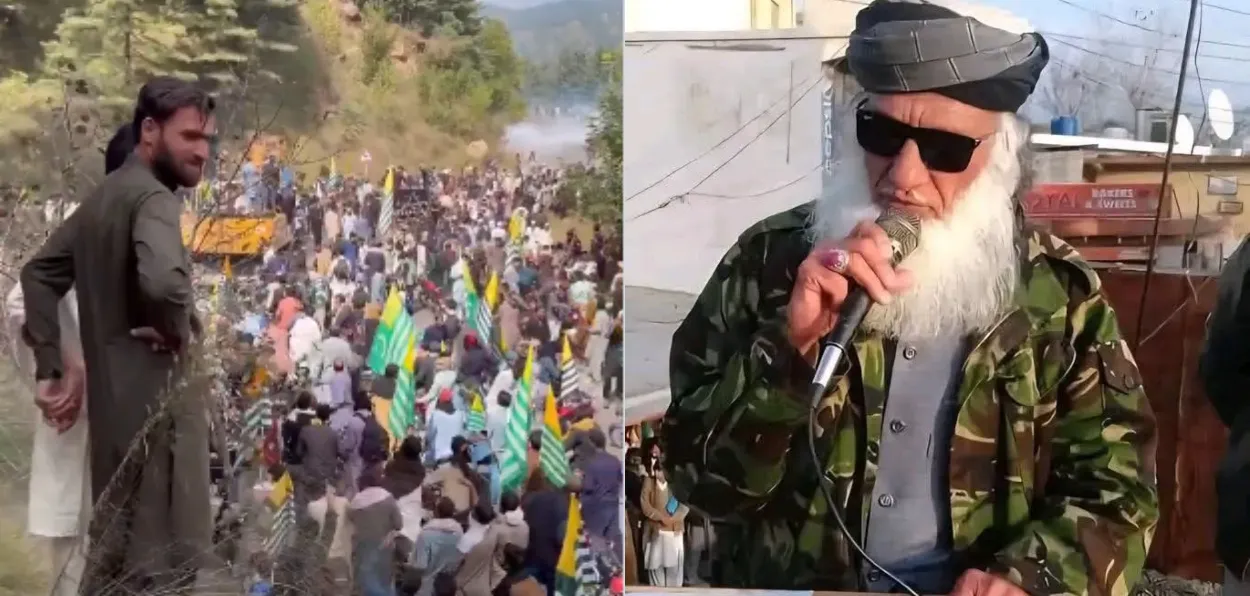 A still from protests in Rawalakot (PoJK) and Farooq Sudhan, an SSG commando who trained terrorists for ISI, injured in firing in Rawalakot (X)