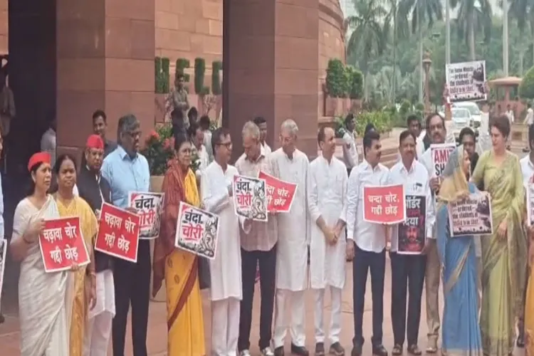 Opposition MPs protest at Makar Dwar in Parliament
