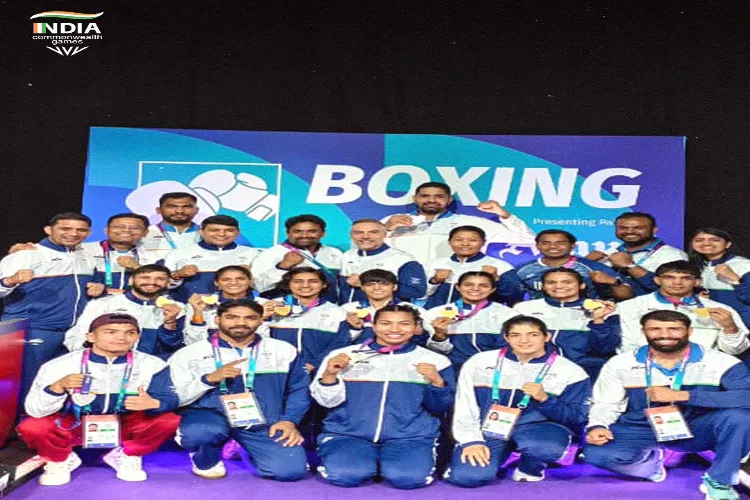 Indian boxing contingent poses for a group photograph during the Commonwealth Games 2026 