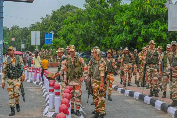 Security arrangements at the Red Fort ahead of Independence Day celebrations.