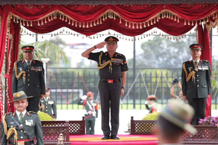 Indian Army Chief General Dhiraj Seth inspects the ceremonial Guard of Honour at the Nepali Army Headquarters in Kathmandu during his official visit to Nepal.