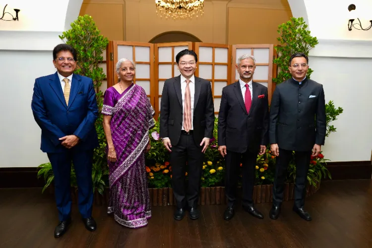 Union FM Nirmala Sitharaman, External Affairs Minister S Jaishankar, Union Commerce and Industry Minister Piyush Goyal & MoS for Electronics and IT and Commerce and Industry Jitin Prasada with Singapore Prime Minister Lawrence Wong 