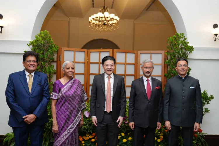 External Affairs Minister S Jaishankar with Singaporean PM and Finance Minister Lawrence Wong, along with FM Nirmala Sitharaman, Union Minister of Commerce and Industry, Piyush Goyal, and Union MoS for Commerce and Industry, Jitin Prasada. 