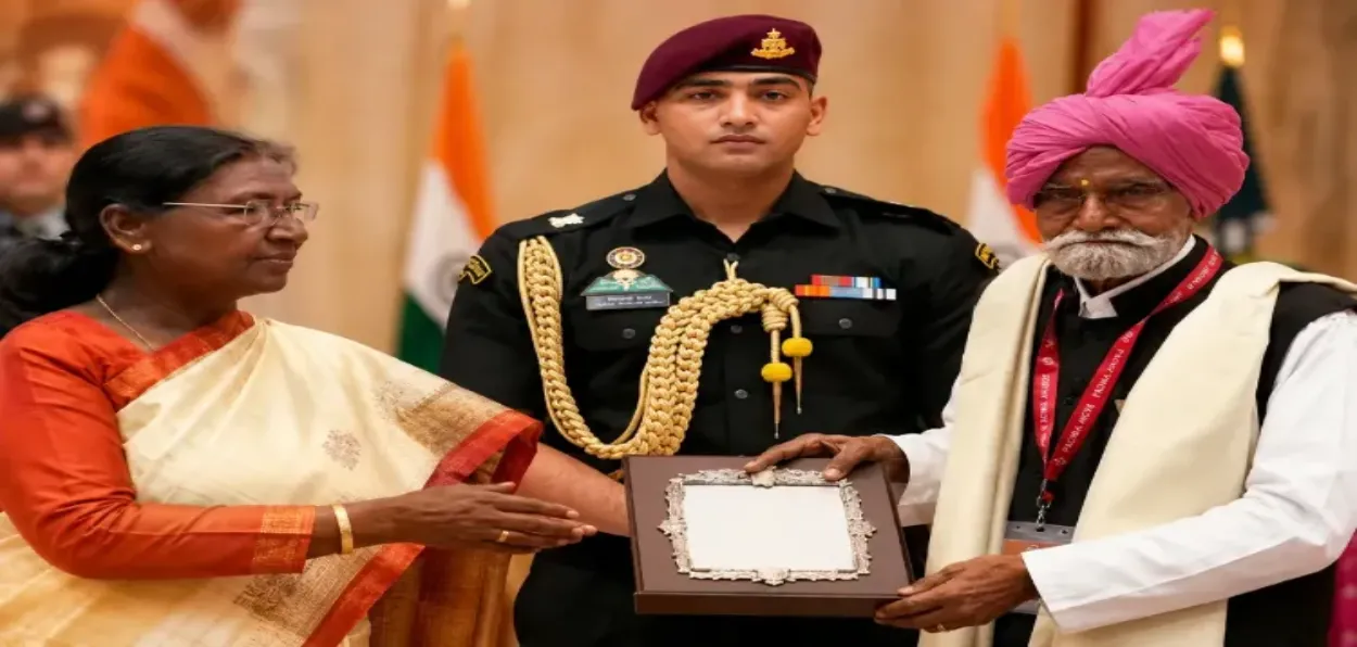 President Droupadi Murmu giving away the Sangeet Natak Akademy Award to Hawa Singh Nath 