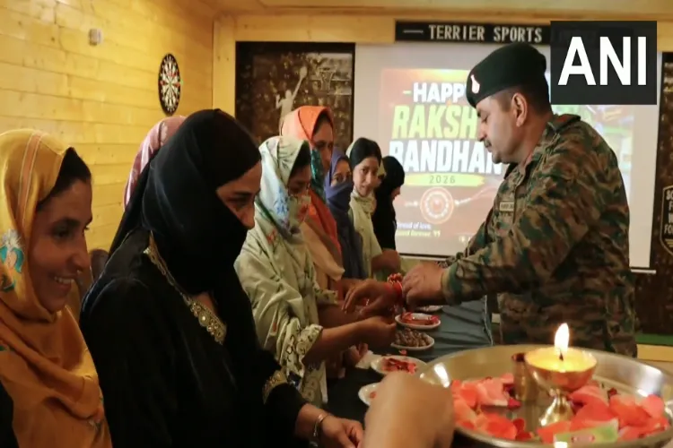Muslim Kashmiri women tying rakhis on the wrists of Amy personnel jawan