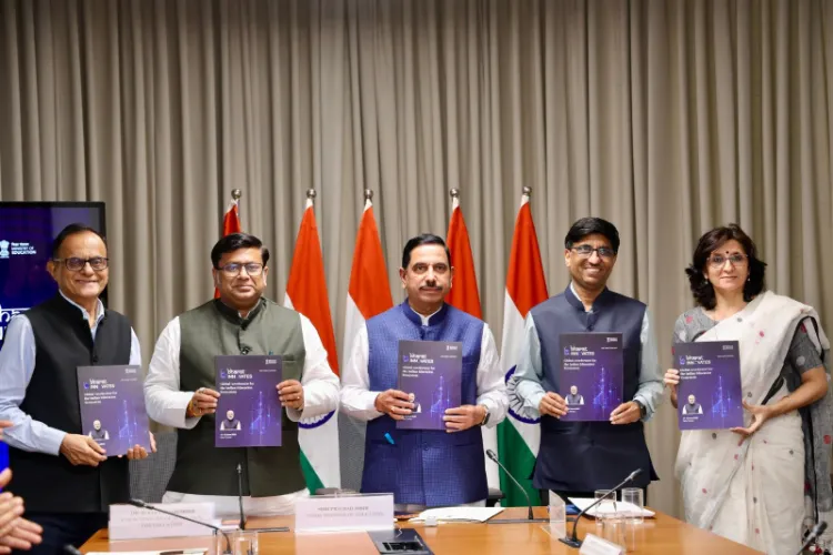 Union Minister Pralhad Joshi, Minister of State for Education Sukanta Majumdar and others during the launch of Bharat Innovates 2026 Commemorative Publication.