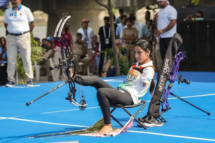 India's Sheetal Devi competes in a para compound women's event against Kazakhstan's Aizada Seidan during the World Archery Para Series (Stage III)