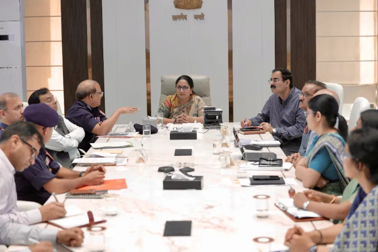 Delhi Chief Minister Rekha Gupta during a meeting with senior NDRF officials at the Delhi Secretariat