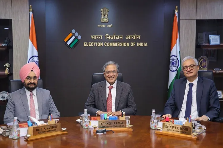 Chief Election Commissioner Gyanesh Kumar, with Election Commissioners Vivek Joshi and Sukhbir Singh Sandhu