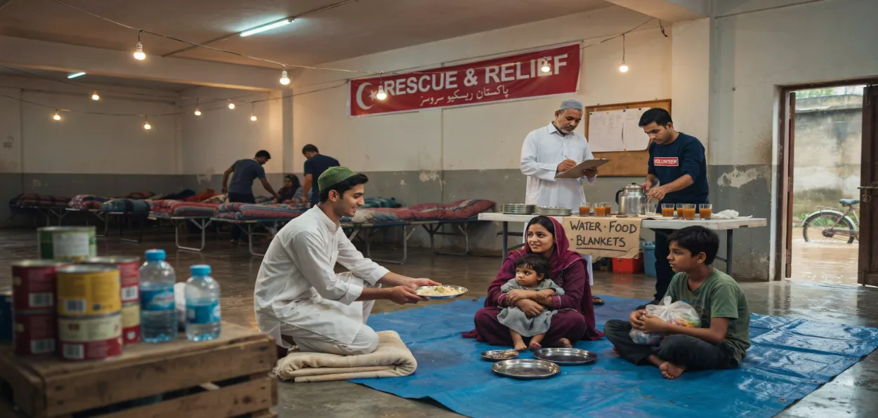 AI-generated image of Muslim youth running a camp for flood victims
