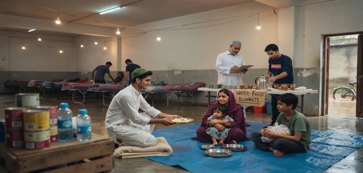 AI-generated image of Muslim youth running a camp for flood victims