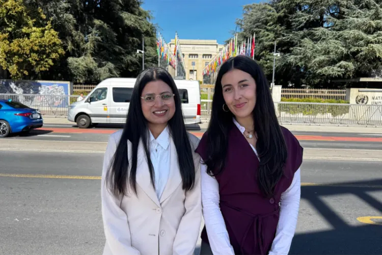 Human rights activists Alejandra Martinez Otero and Dr Shagufta Kandhro in front of the UN Human Rights Council in Geneva