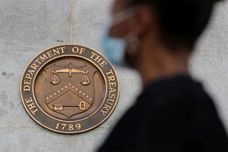 Signage is seen at the United States Department of the Treasury headquarters in Washington, DC, US. 