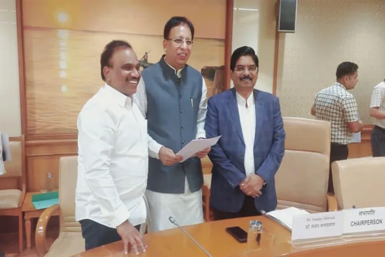 DMK MPs A Raja and P Wilson with Sanjay Jaiswal, Chairman, JPC on FCRA Amendment Bill.