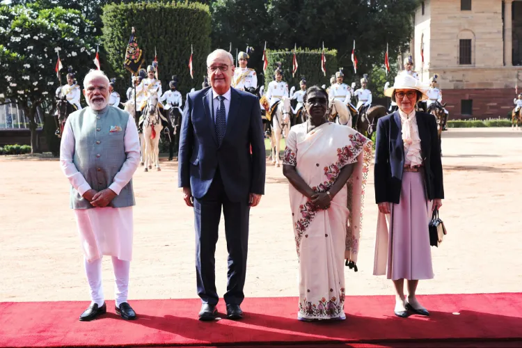 Swiss Confederation President Guy Parmelin receives a ceremonial Guard of Honour during his ceremonial reception at Rashtrapati Bhavan in New Delhi on Monday, in the presence of President Droupadi Murmu and Prime Minister Narendra Modi.