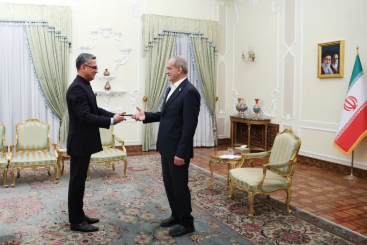Indian Ambassador to Iran Vishwesh Negi presents his credentials to Iranian President Masoud Pezeshkian