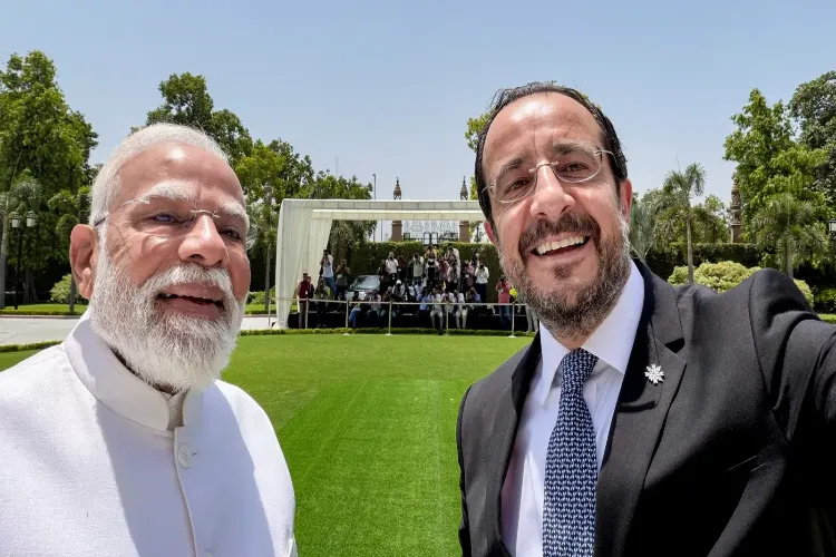 PM Narendra Modi and Cyprus President Nikos Christodoulides take a selfie at Hyderabad House, New Delhi, on Friday.