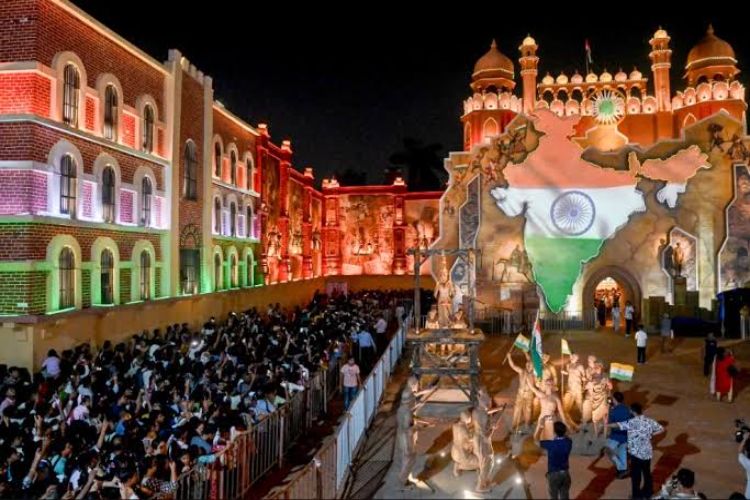 Visitors gather at the Santosh Mitra Square Durga Puja pandal, themed on the 150th anniversary of Vande Mataram and its historic role in India's freedom movement, ahead of the festival, in Kolkata