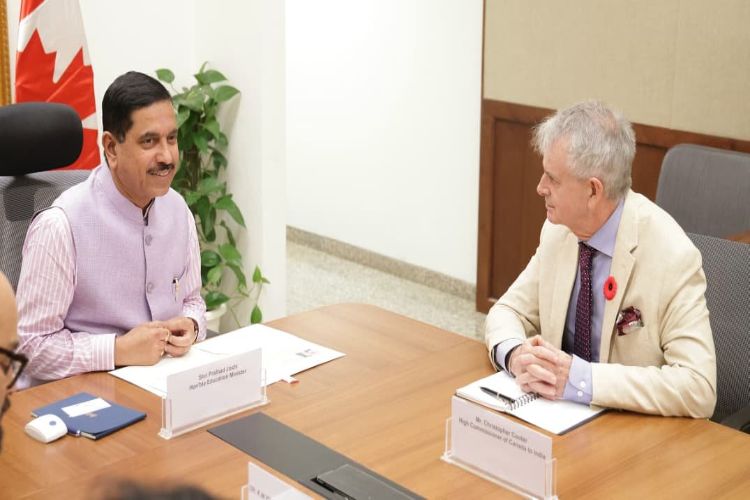 Union Education Minister Pralhad Joshi with Canada's High Commissioner Christopher Cooter and Trade Commissioner Amy Antonini 