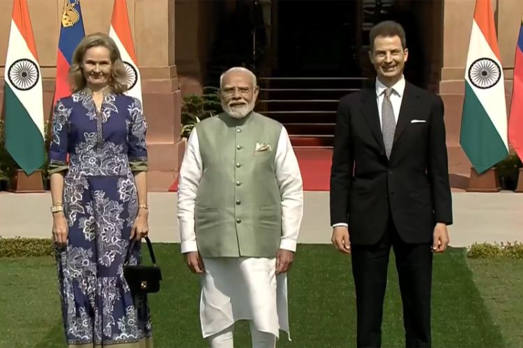 Prime Minister Narendra Modi meets Hereditary Prince Alois of Liechtenstein and Hereditary Princess Sophie at Hyderabad House in New Delhi