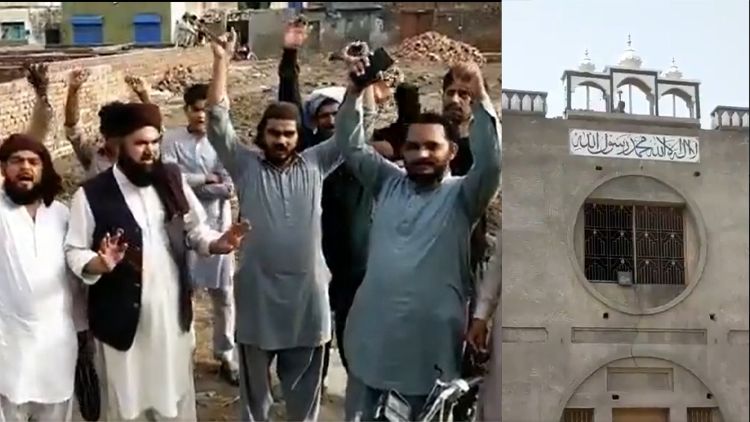 The Ahmadiya mosque where minarets and domes were broken, and the rioters reveling in their action