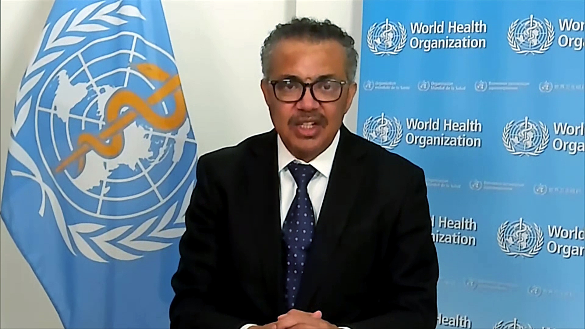 Dr. Tedros Adhanom Ghebreyesus, Director-General of the World Health Organisation (WHO), speaks during the inauguration of the National Institute of Ayurveda in Jaipur (Rajasthan), via video conference in New Delhi, in November 2020