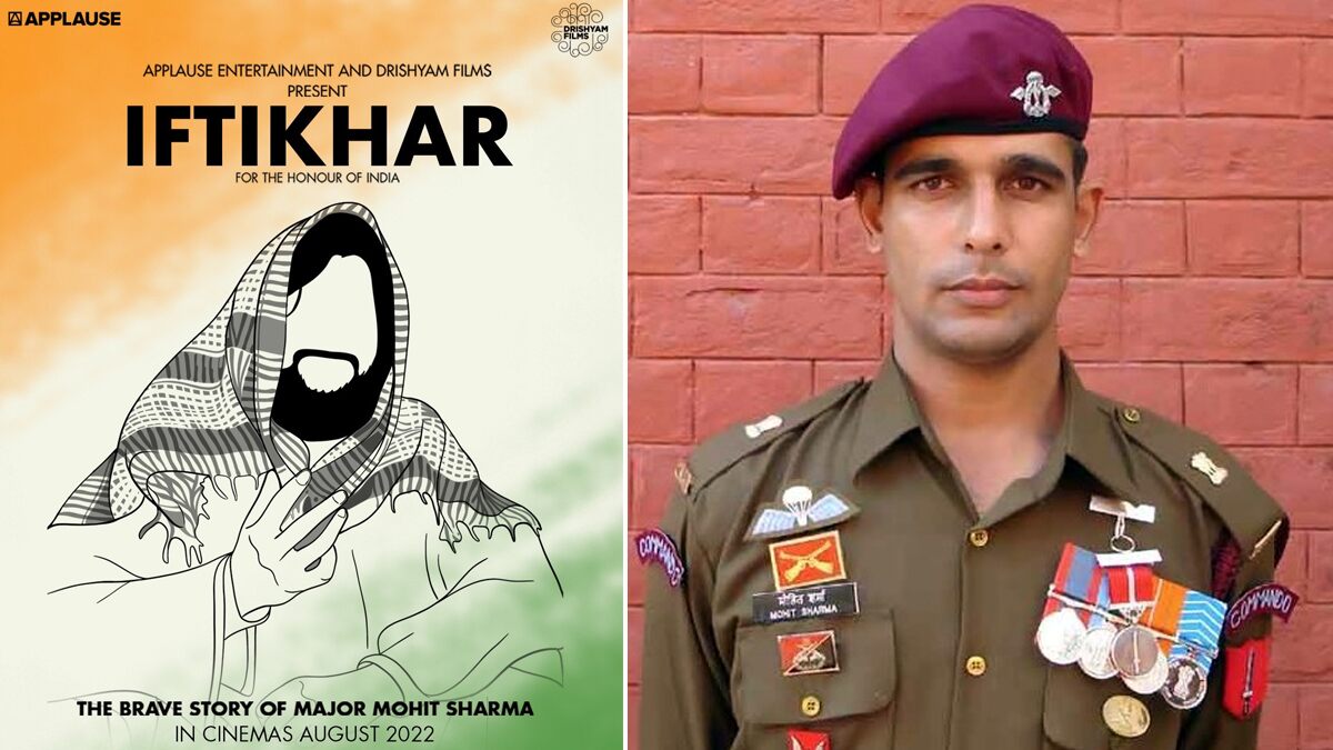 A poster of the film 'Iftikhar' released by Applause Entertainment and Drishyam Films (left); Major Mohit Sharma (right)