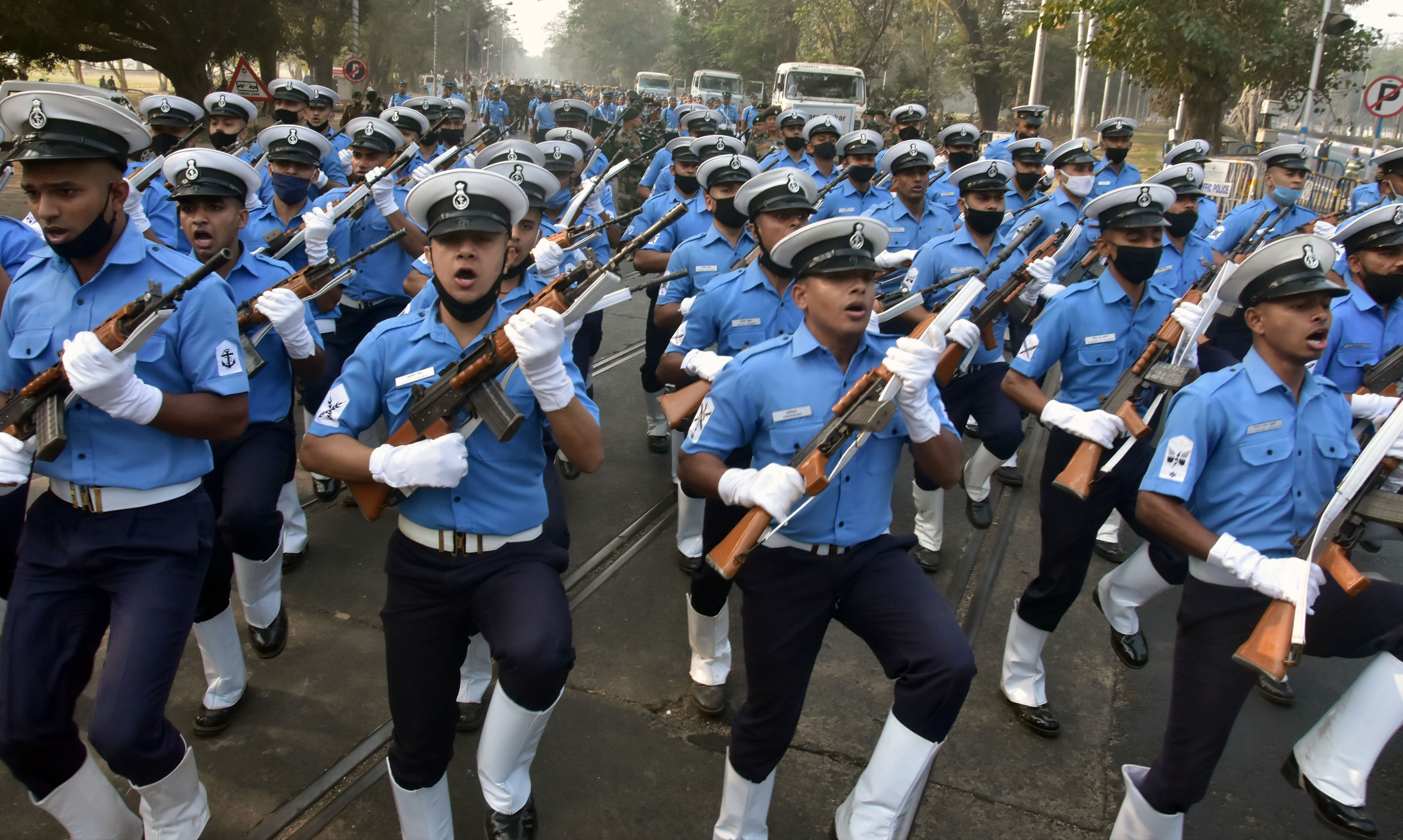Indian Navy personnel during Republic Day parade rehearsal, in Kolkata on Friday