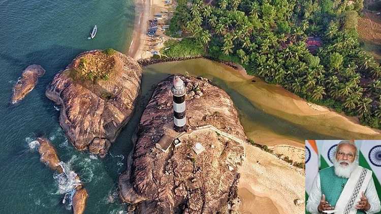 The Kapu Beach lighthouse in Karnataka & (insert) PM Modi during his show 'Mann Ki Baat'