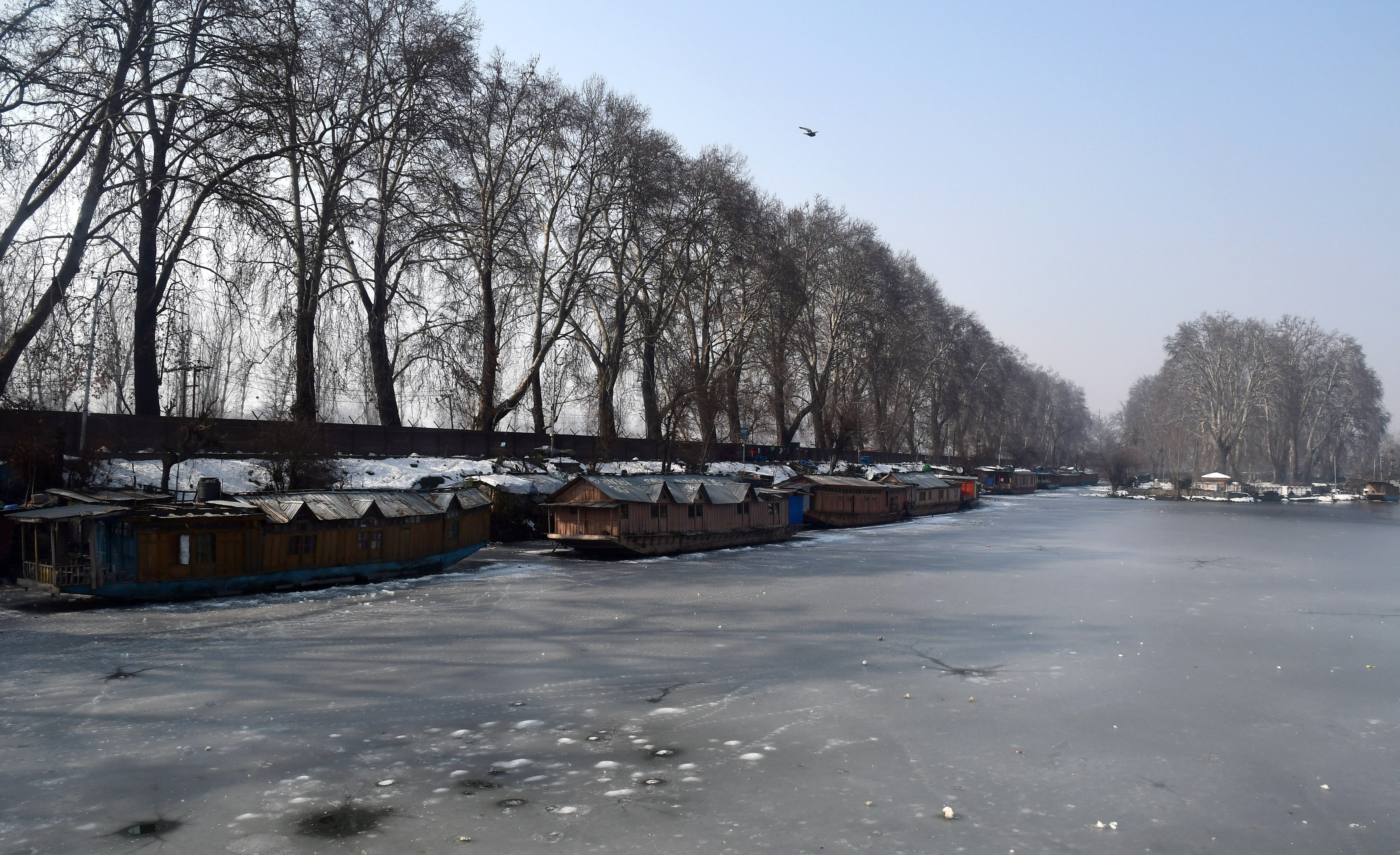 Houseboats moored on frozen Dal Lake in Srinagar