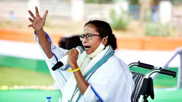 West Bengal Chief Minister Mamata Banerjee addresses a public rally at Habibpur in Malda on Apr 22
