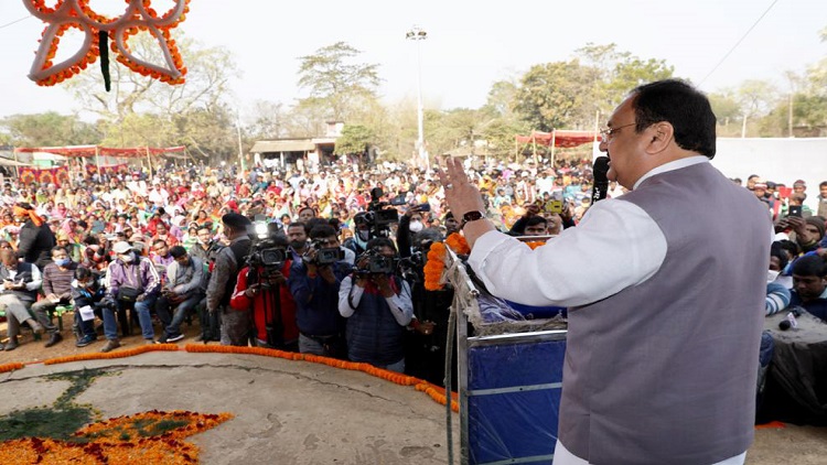 BJP National President J.P. Nadda addresses a crowd at Harya Tara Panchayat, in Kharagpur on Wednesday