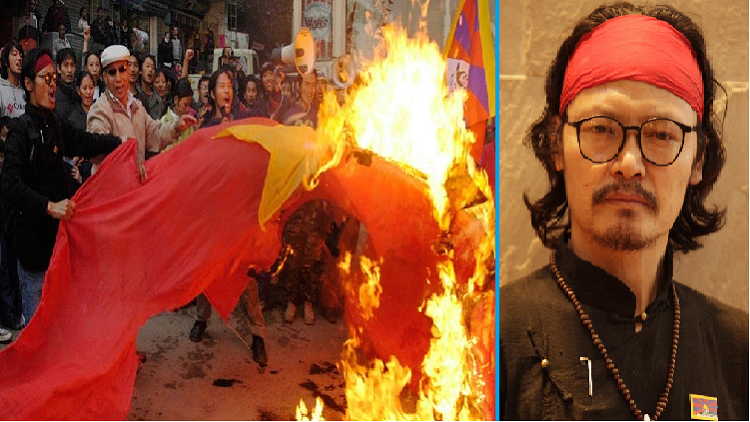 A protest against China in India in April 2008 (left pic); Tibetan poet and activist Tenzin Tsundue (right)