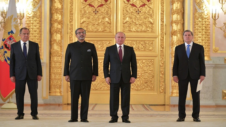 Indian Ambassador to Russia, Bala Venkatesh Varma, with the Russian President Vladimir Putin at Kremlin