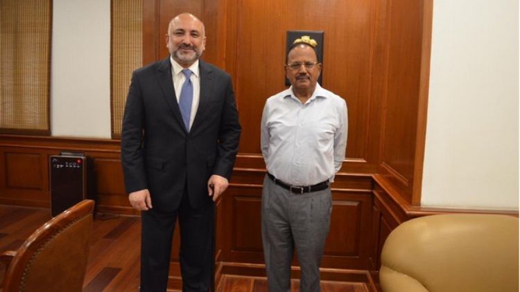 Afghan foreign minister Mohammad Hanif Atmar with NSA Ajit Doval